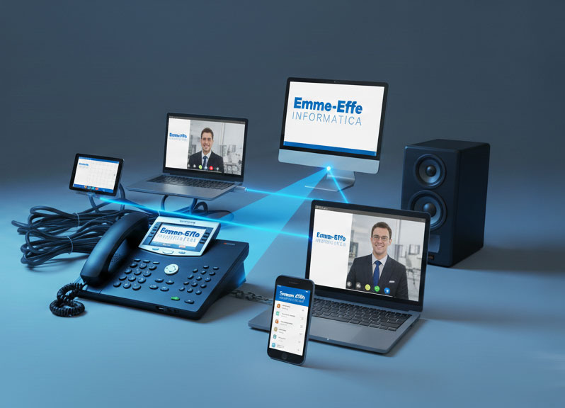 Centralino PBX MF5 con telefoni, smartphone e computer